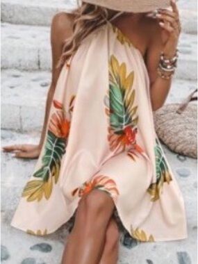 SHEIN Cream Tropical Halter Backless Mini Dress with Green & Orange Leaf Print